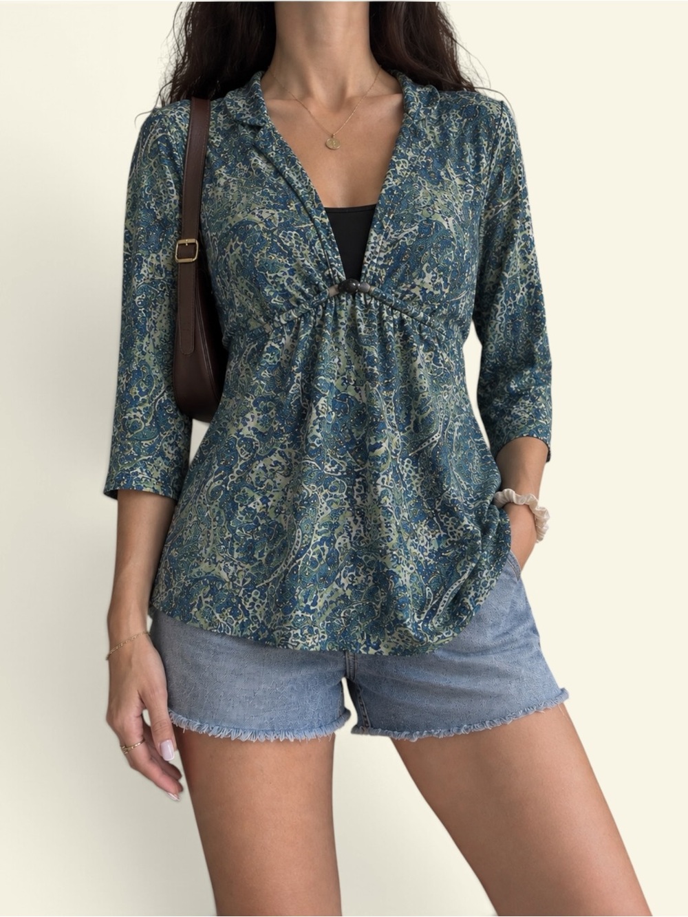 Vintage Y2K Notations Paisley Layered Blouse Cinch Waist Beaded Top Small Boho